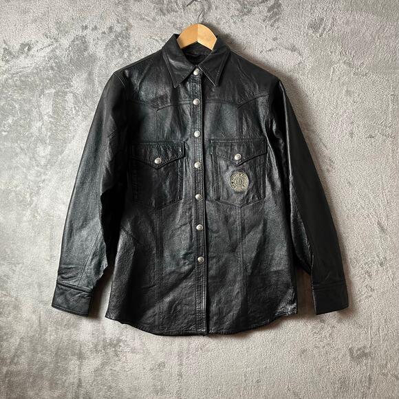 Harley Davidson Women’s Black Leather Snap Front Shirt Jacket Medium‎ Biker Babe